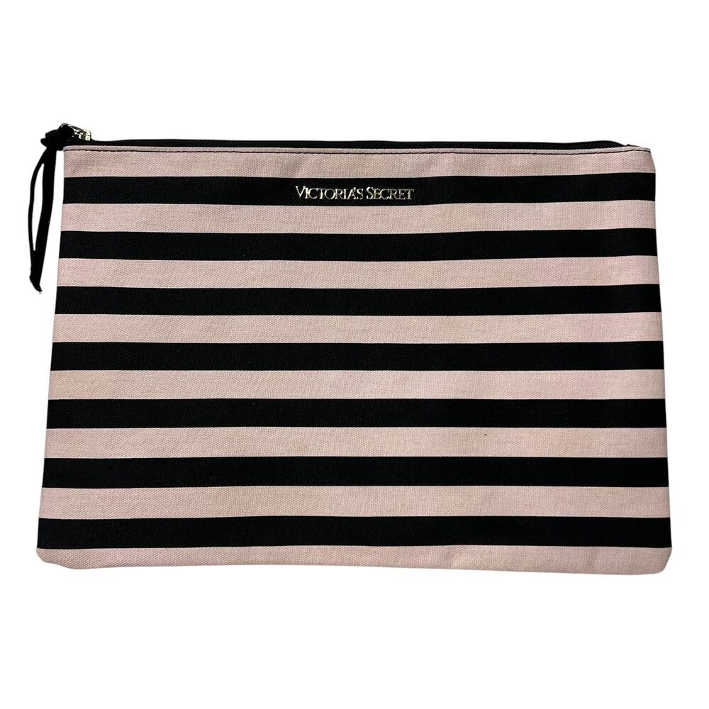 Victoria's Secret Pouch Cosmetic Bag Stripe Travel Accessory Black Pink Canva